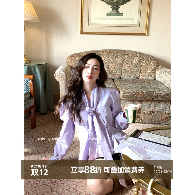 大于诗集 南法卢浮 法式宫廷风V领衬衣女立体花收腰泡泡袖衬衫春