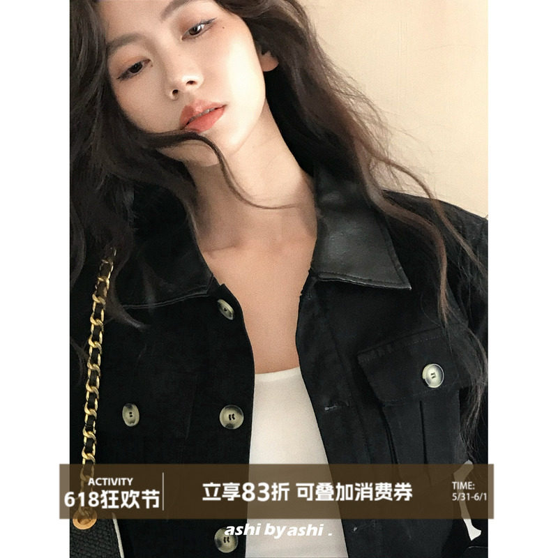大于诗集 vtg俱乐部 复古PU撞色翻领工装夹克女小香长袖显瘦外套