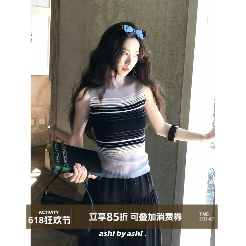 大于诗集 琴键八音盒 法式渐变感网纱透视条纹轻熟风无袖背心上衣