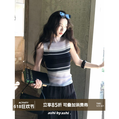 【05/21新品】大于诗集 琴键八音盒 法式网纱透视条纹无袖背心夏