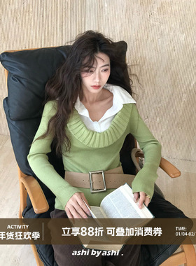 大于诗集 职场白月光 撞色拼接假两件翻领毛衣女衬衫领修身上衣冬