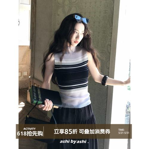 【05/21新品】大于诗集 琴键八音盒 法式网纱透视条纹无袖背心夏