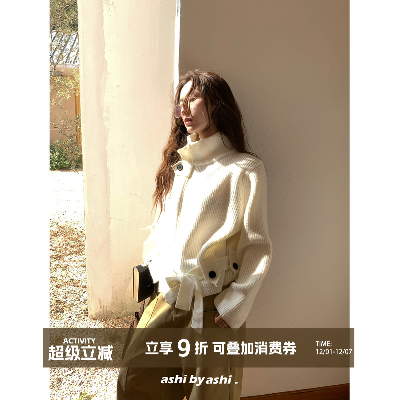 大于诗集 维也纳冬日 老钱风半高领系带毛衣外套女宽松针织开衫冬