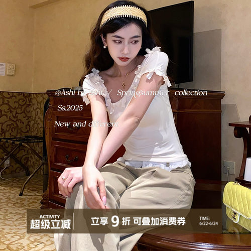 大于诗集 西西里午后 蝴蝶结斜领收腰T恤女设计感修身显瘦上衣夏