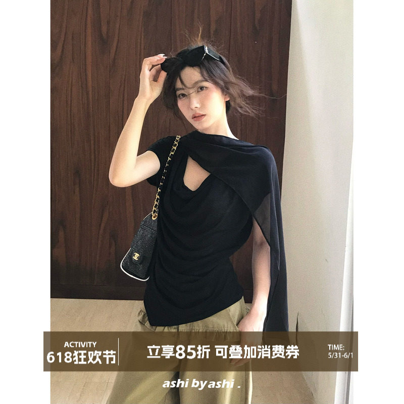 大于诗集 典藏情话 天丝羊毛荡领拼接雪纺飘带T恤气质百搭小衫夏
