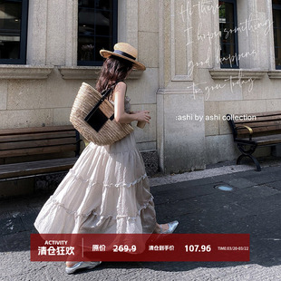 大于诗集法式 吊带蛋糕裙女收腰显瘦荷叶边大摆连衣裙夏 碎花中长款