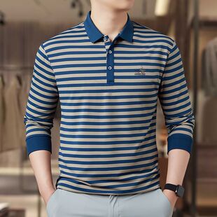 男装 休闲POLO半袖 中青年爸爸薄款 条纹翻领T恤衫 上衣 长袖 2025新款