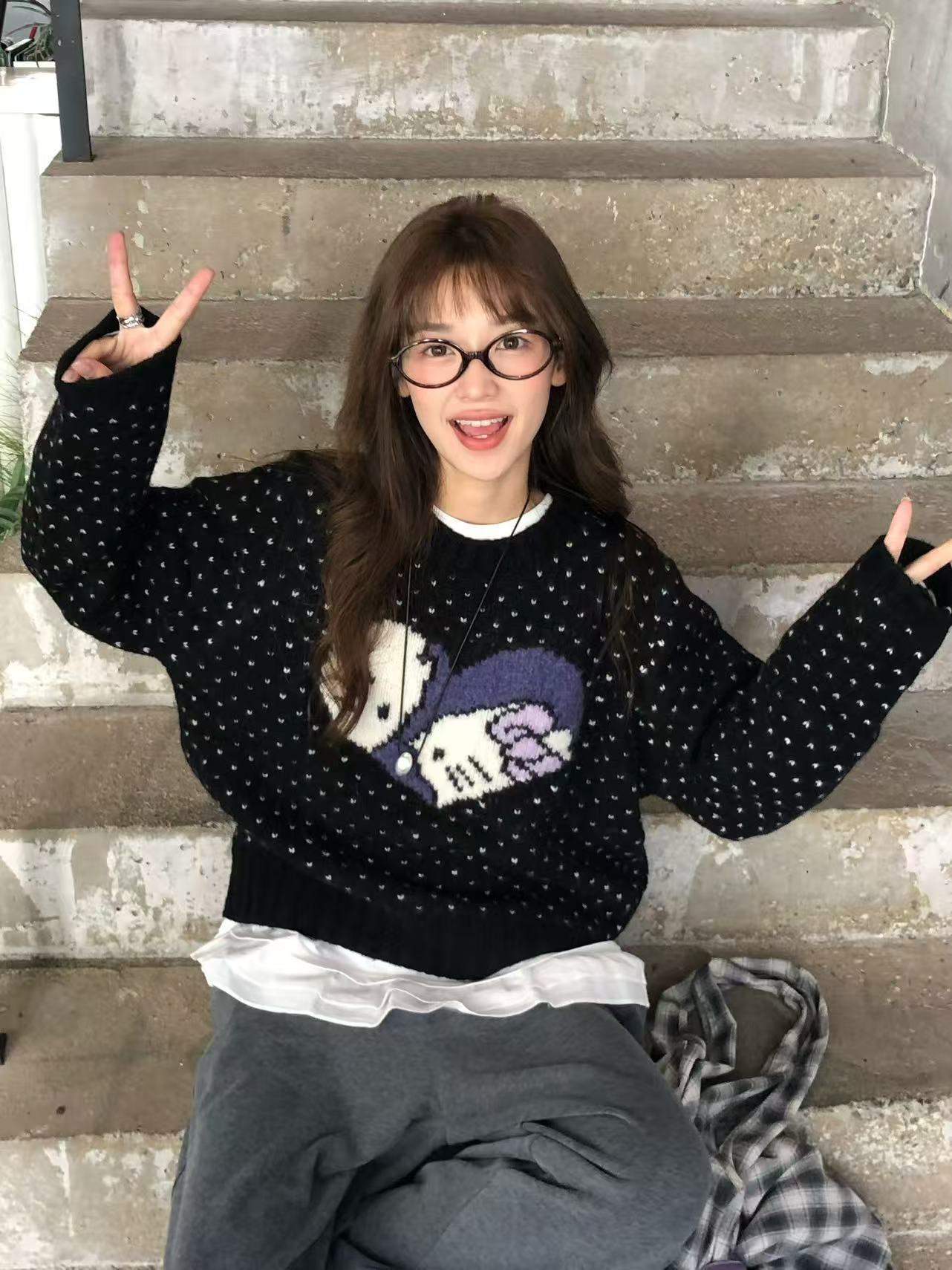 韩国Hone 新品爱心kitty毛衣圆领复古提花圆领秋冬内搭