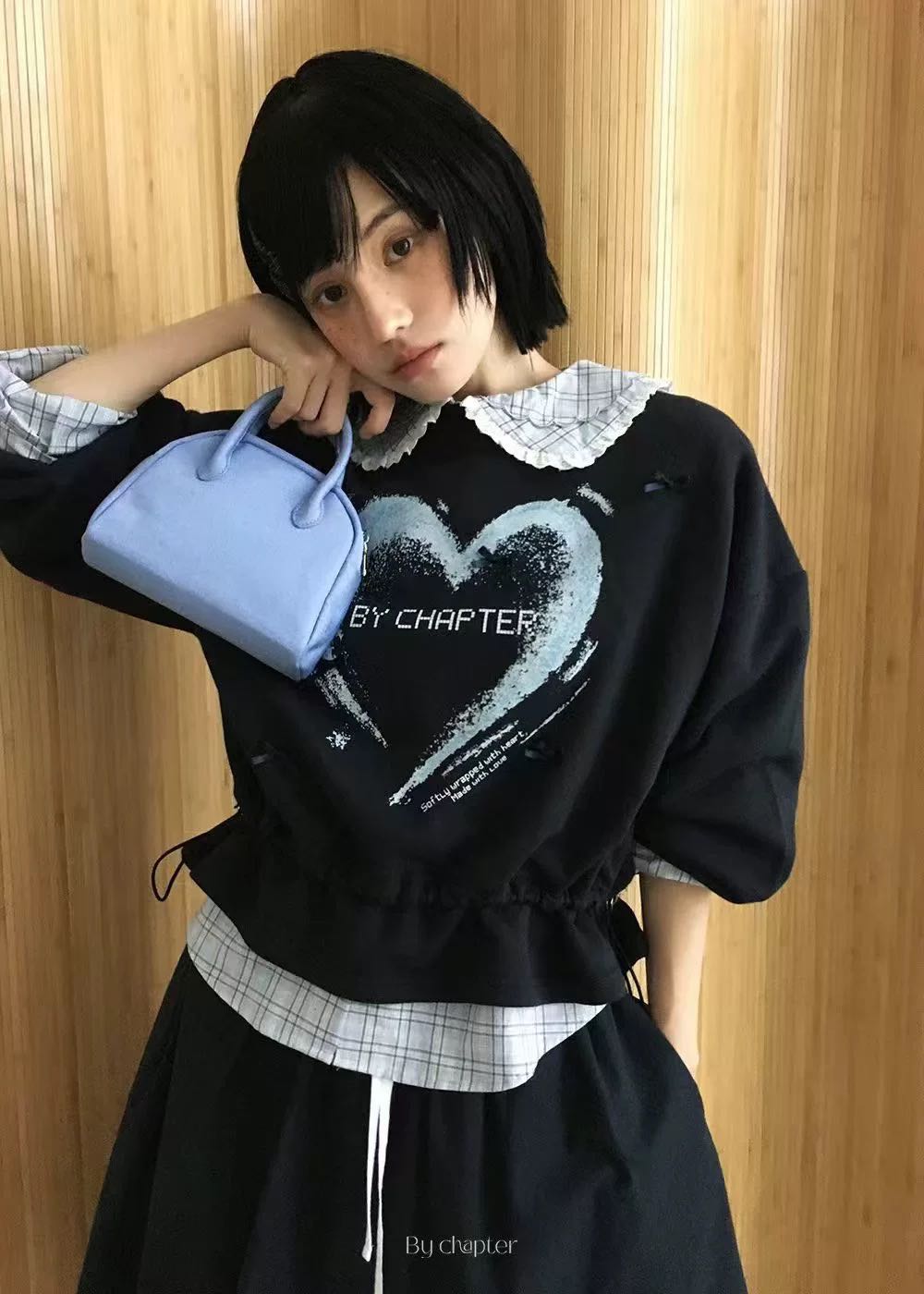 原单 韩国东大门by chapter2025秋季休闲百搭蝴蝶结爱心抽绳卫衣
