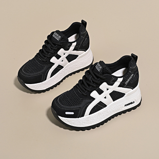 休闲鞋 网面透气阿甘鞋 新款 2026春季 女隐形增高7cm黑色内增高女鞋