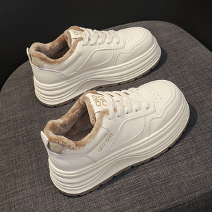 皮面防水休闲运动学生棉鞋 加绒加厚小白鞋 新款 2025冬季 女厚底板鞋