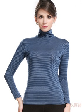 桑扶兰蓝色条纹女款舒适高领莫代尔长袖打底衫ECC22
