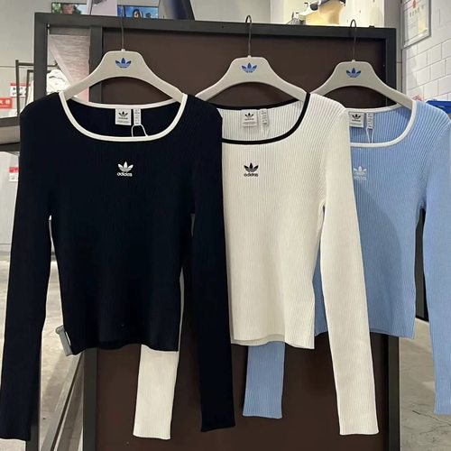 adidas阿迪达斯U领修身针织衫女长袖百搭运动毛衣JM8055 8052