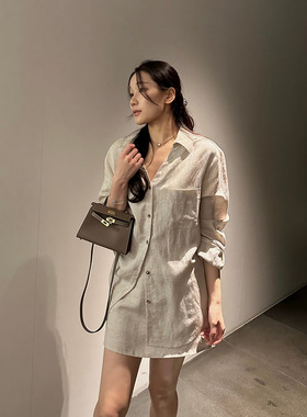 松弛感亚麻宽松翻领衬衫+休闲短裙安全裤内衬套装