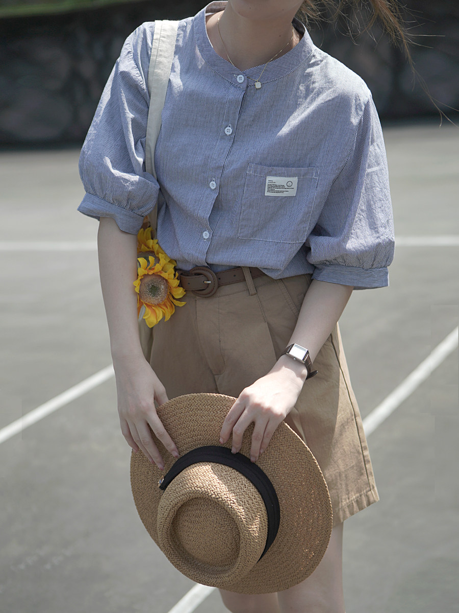 白线流/日系工装短裤女2022夏宽松休闲纯色五分裤小A字直筒中裤