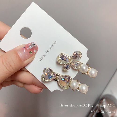 3.5cm水晶小蝴蝶结珍珠【鸭嘴夹】韩国发饰小号迷你捏夹bb夹