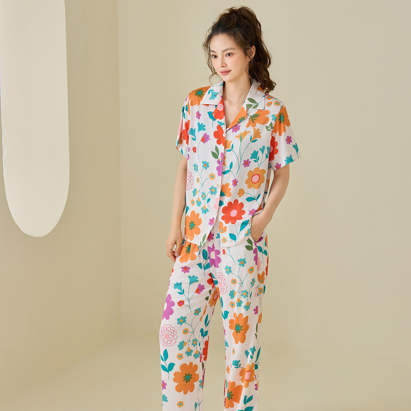 夏季新款女士睡衣奶黄大花印花短袖长裤家居服两件套可外出