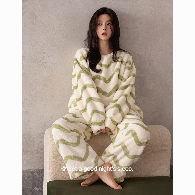 【双面鹅绒】珊瑚绒加厚睡衣女士套头波浪大牌风休闲宽松家居服冬