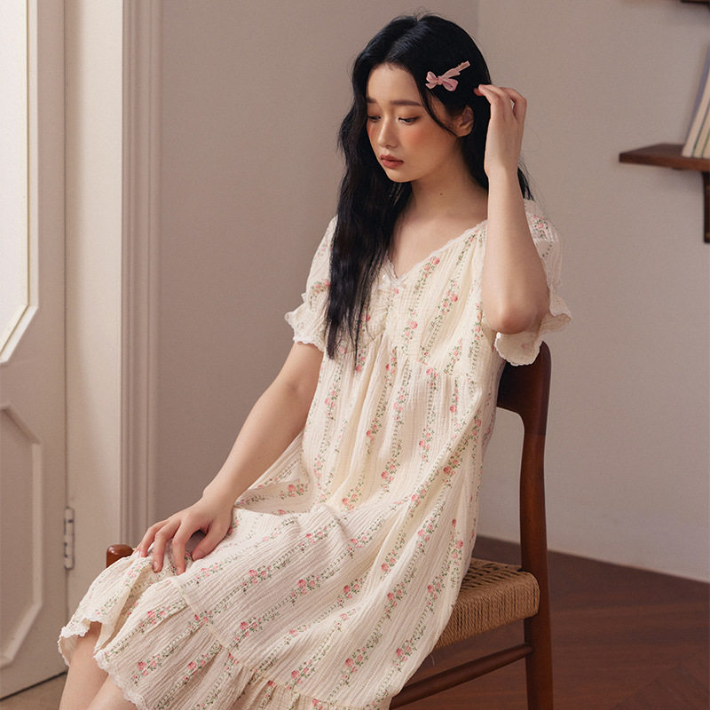 带胸垫短袖睡裙女2024夏季新款A类双层棉纱碎花睡衣纯棉家居服图片
