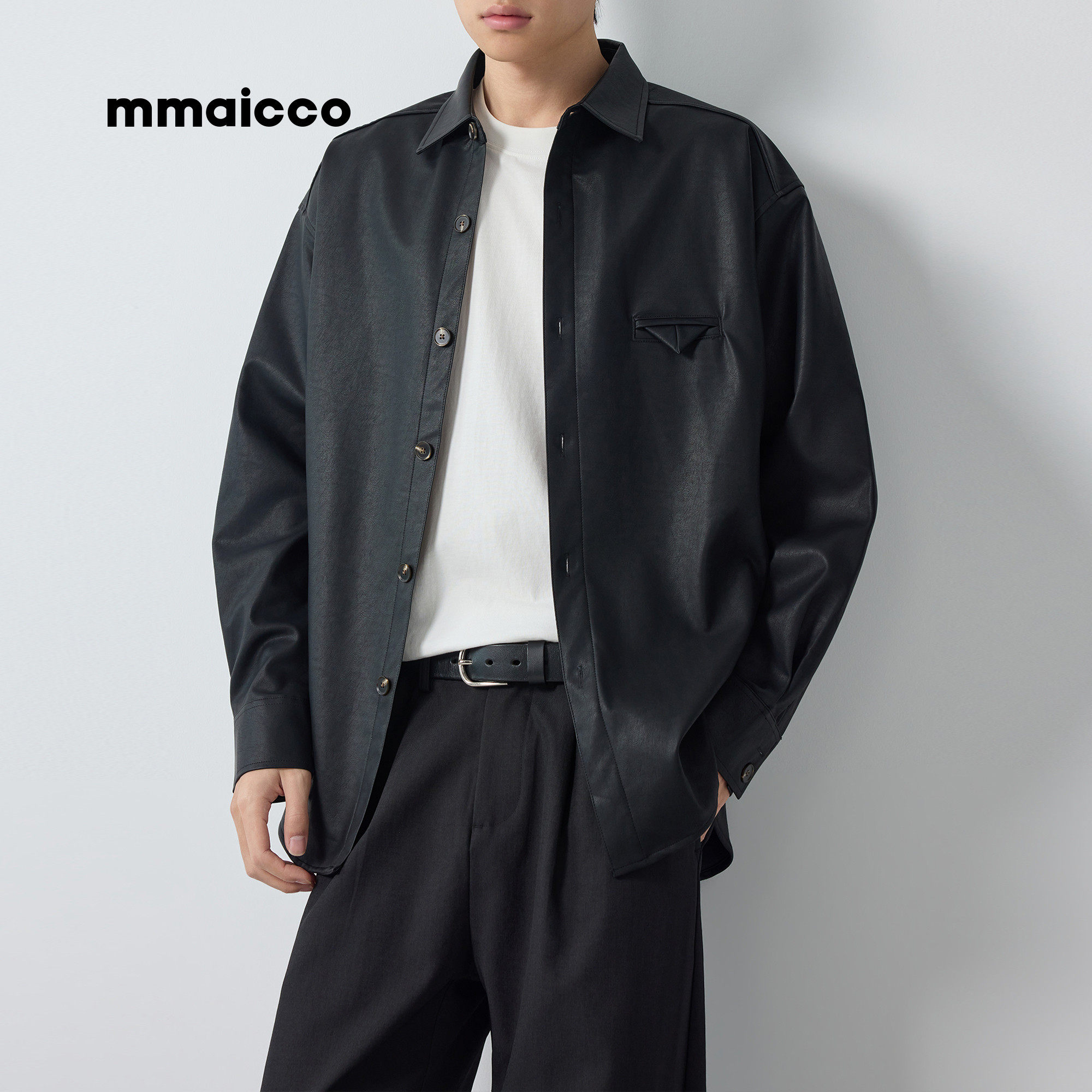 衬衫式PU外套男2026春季新款墨麦客复古翻领男士夹克春秋通勤男装