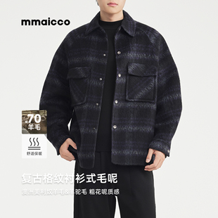 墨麦客男装2025冬季绵羊毛双面呢翻领衬衫式夹克男士复古格纹外套