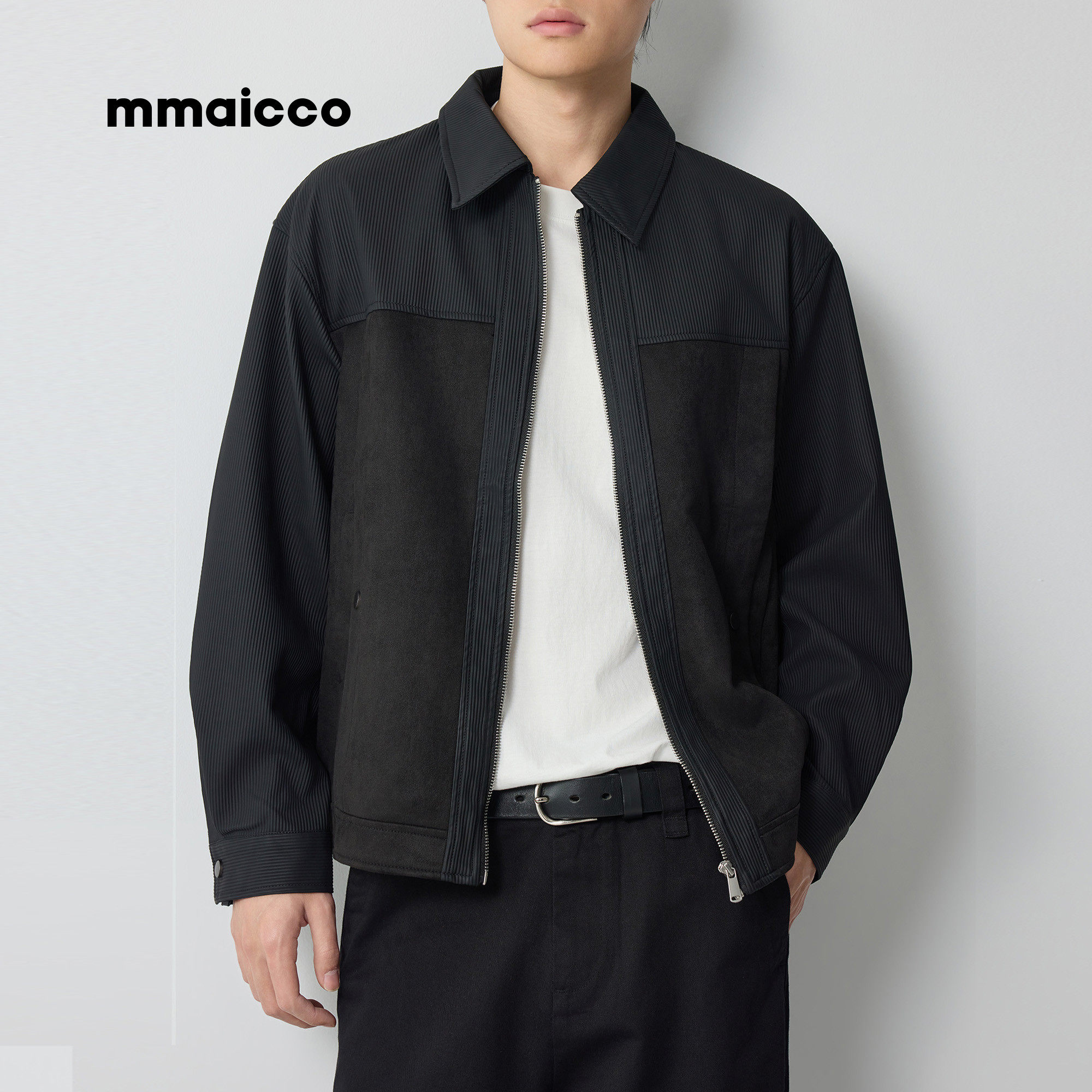 墨麦客男装2026春季新款仿麂皮绒PU拼接夹克男士翻领休闲外套男款