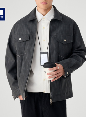 墨麦客男装磨砂压花pu皮夹克男2025秋新款简约翻领男士外套81270