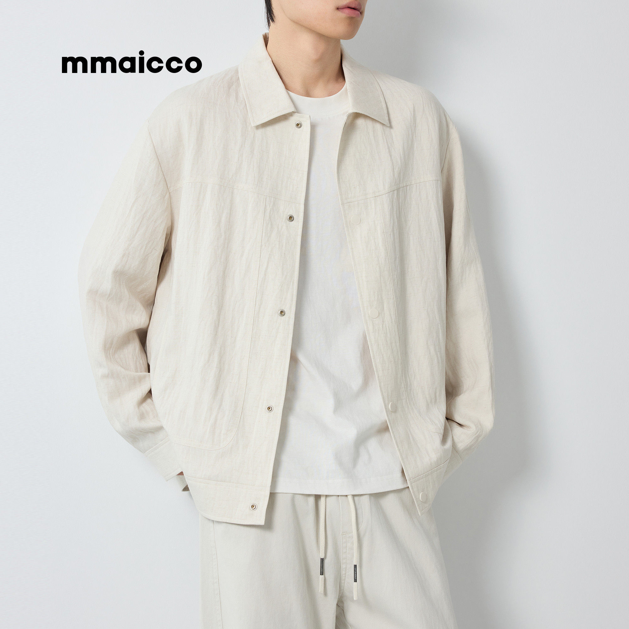 墨麦客男装2026春季新款亚麻翻领外套男士春秋衬衫领工装夹克男款