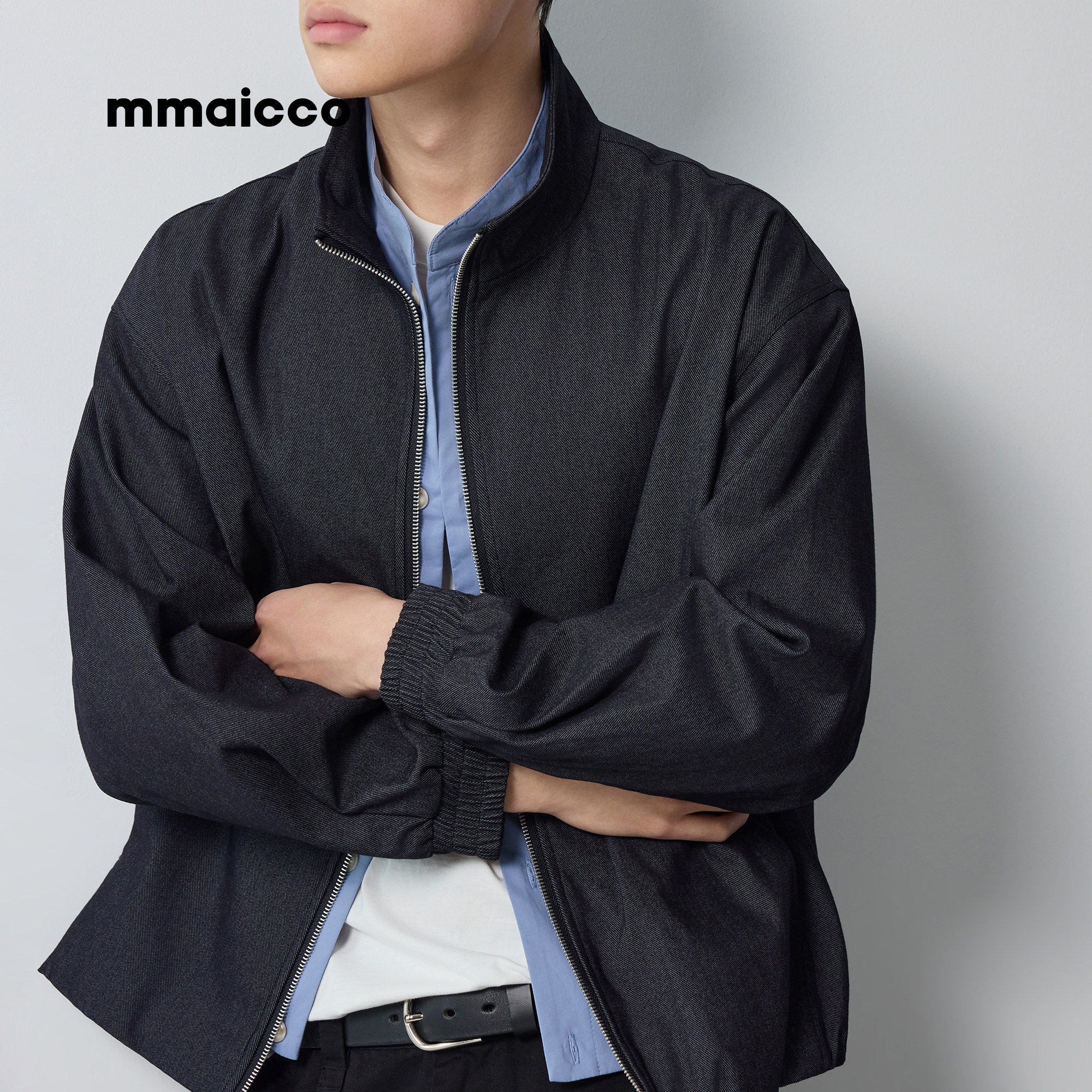 墨麦客男装2026春季新款衬衫假两件立领夹克男士学院风休闲外套男