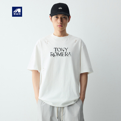 墨麦客美式休闲做旧磨破t恤男2026夏季新款字母印花男士短袖75318