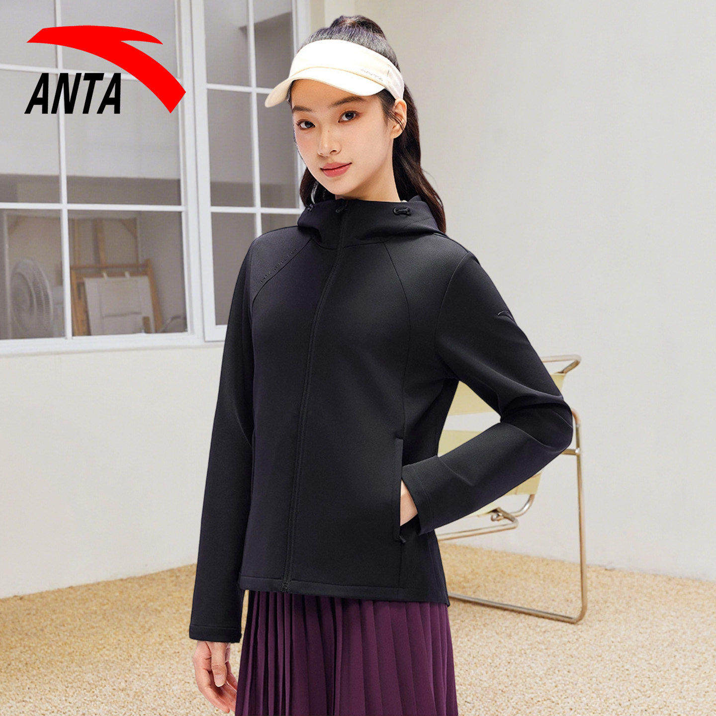 安踏外套女连帽防泼水2026新款春季显瘦开衫卫衣夹克运动上衣女装