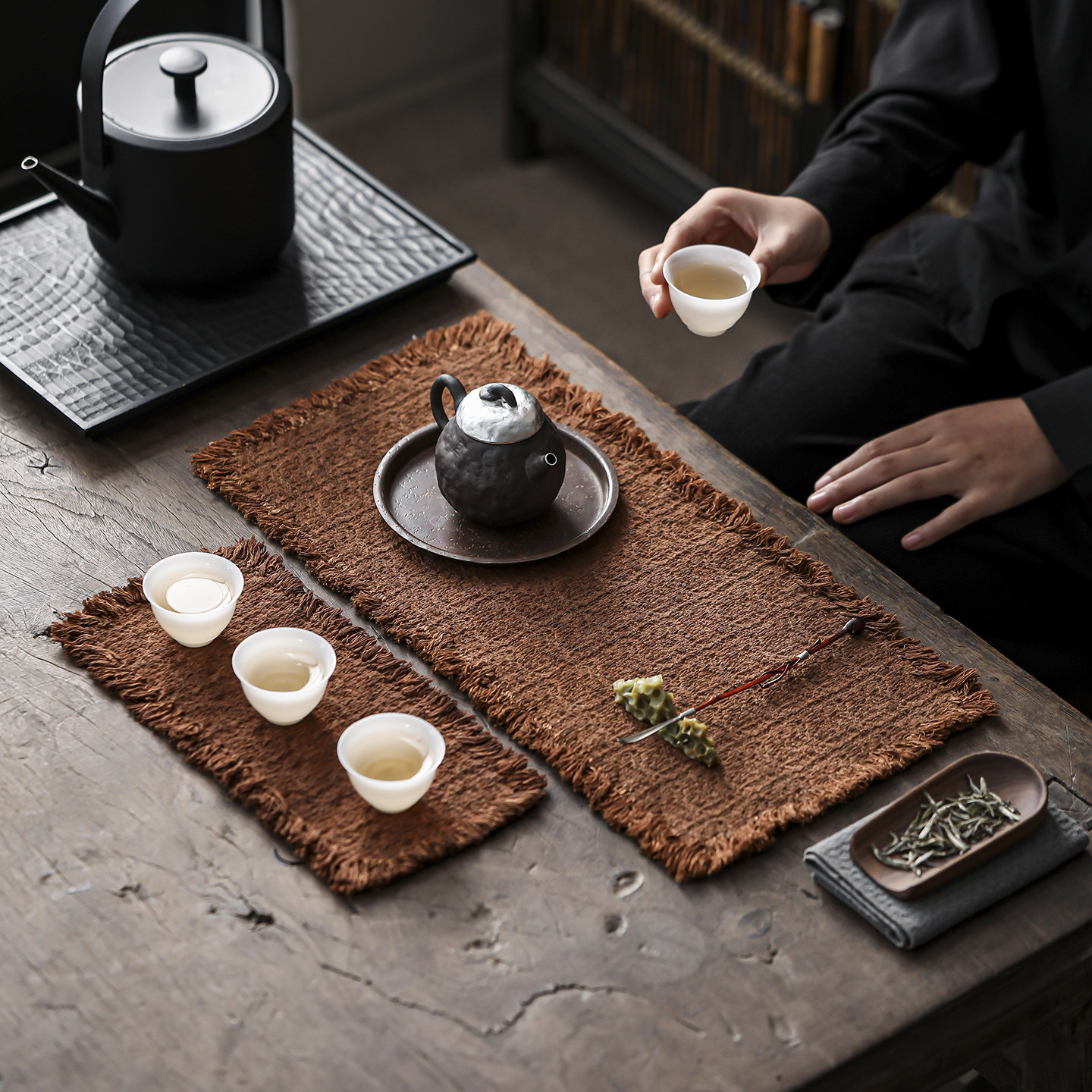柿染棉麻茶席手工茶桌垫