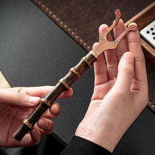 哲明紫竹节柄壶叉 手工竹制壶盖插 不烫手盖夹插铁壶盖叉银壶盖夹