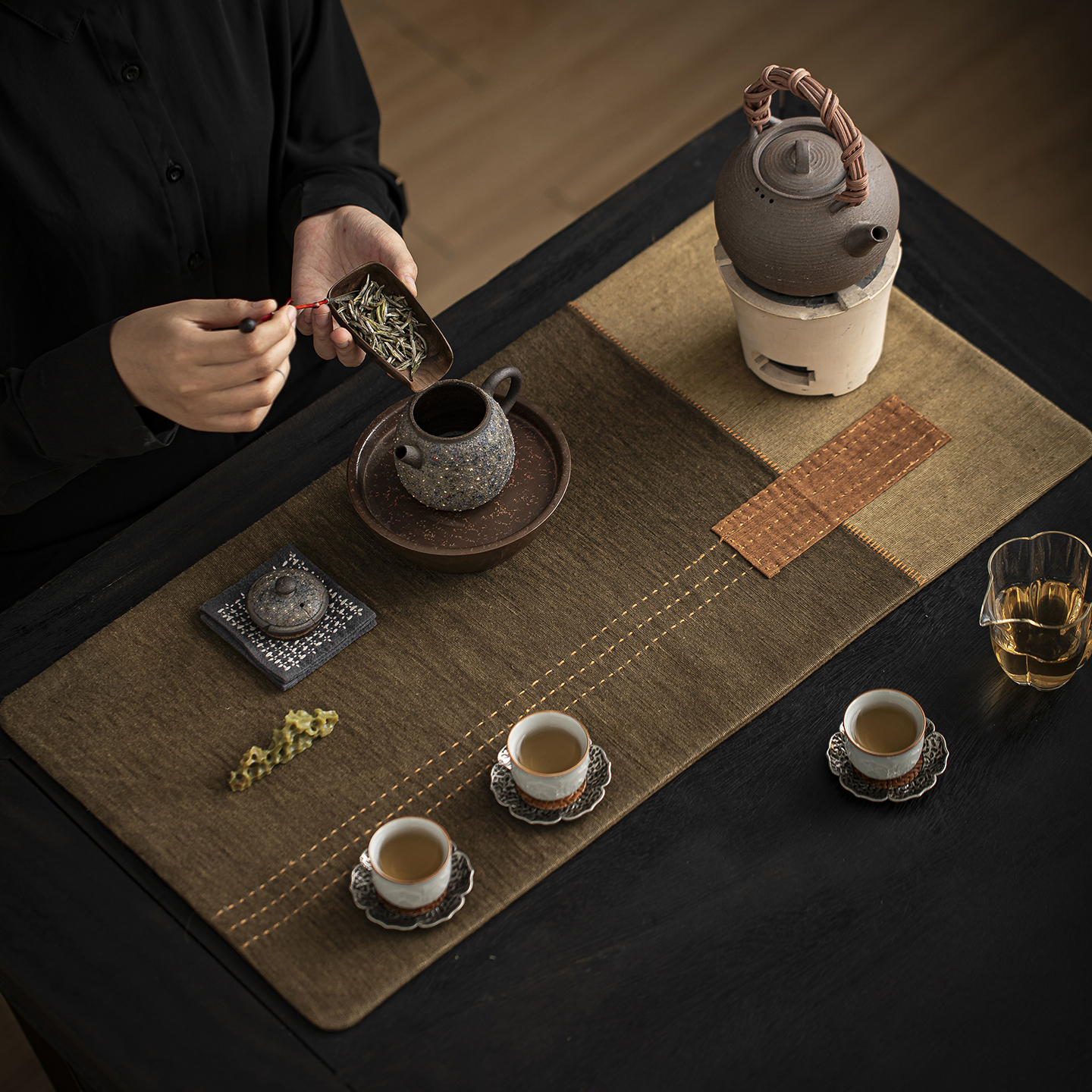 哲明苎麻茶色茶布手缝干泡席