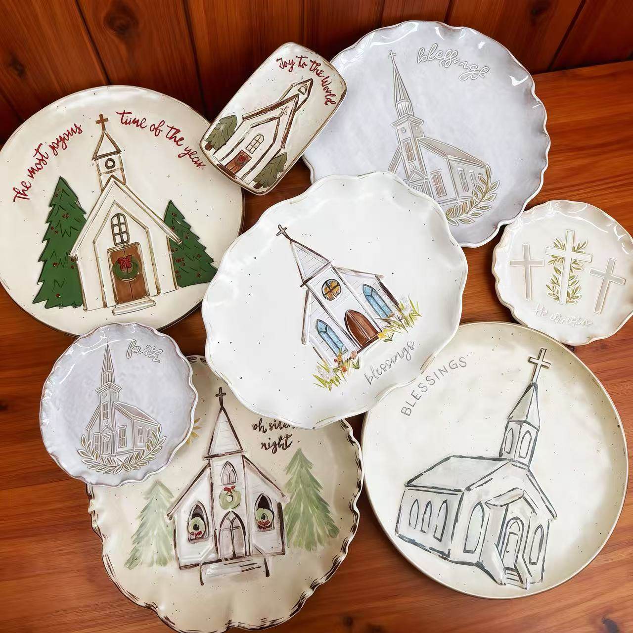 轩艺mud手绘教堂陶瓷装饰盘子 美式乡村圣诞祝福摆盘复古挂盘摆盘,餐饮具,盘,淘宝优惠券,粉丝福利购,淘宝优惠卷