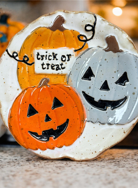 轩艺家居 mud南瓜小鬼盘 手绘釉下彩装饰盘 节日糖果盘小朋友礼品