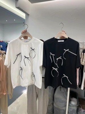 韩国FLORAL蝴蝶结织带短袖T恤潮