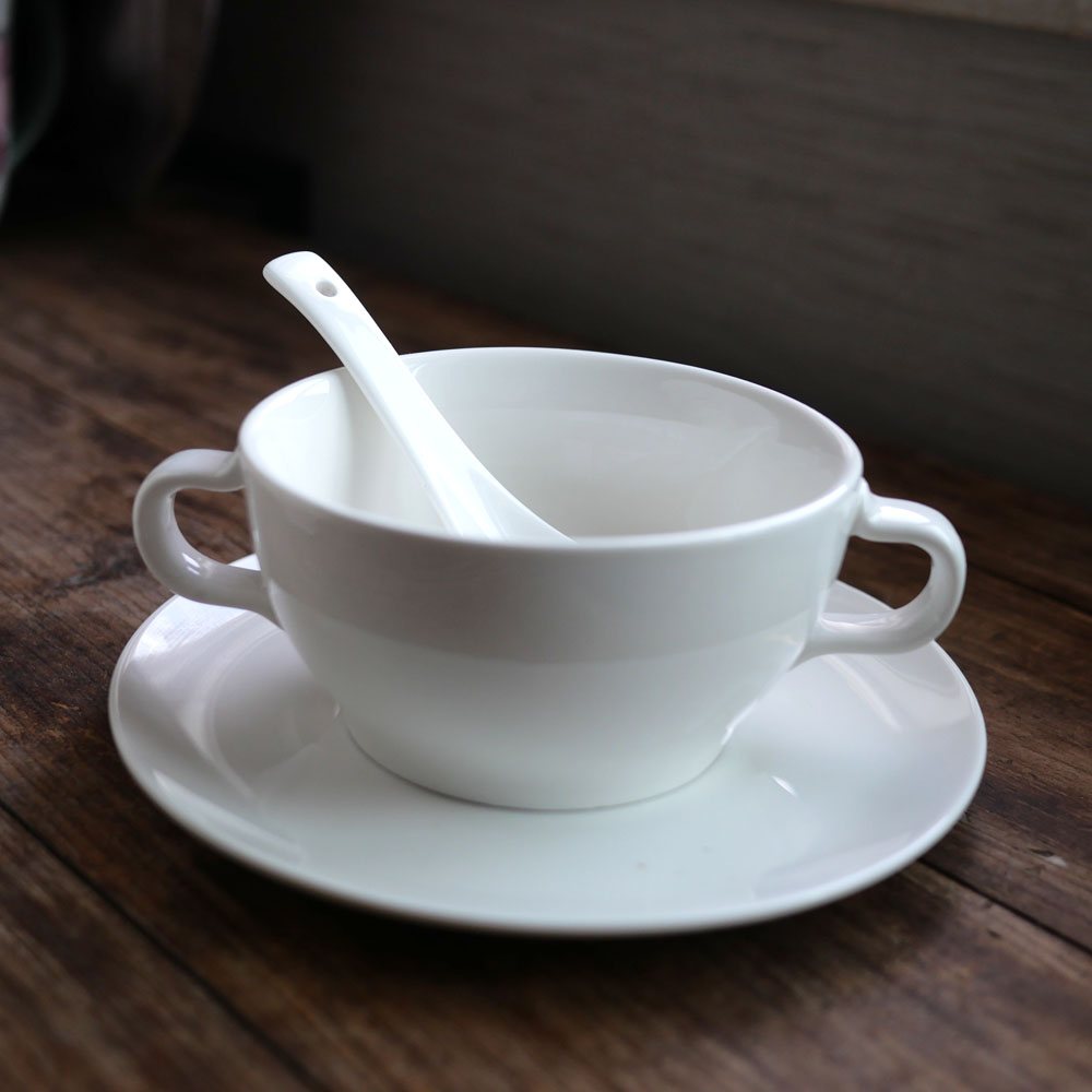新骨瓷纯白色双耳碗到勺子骨碟