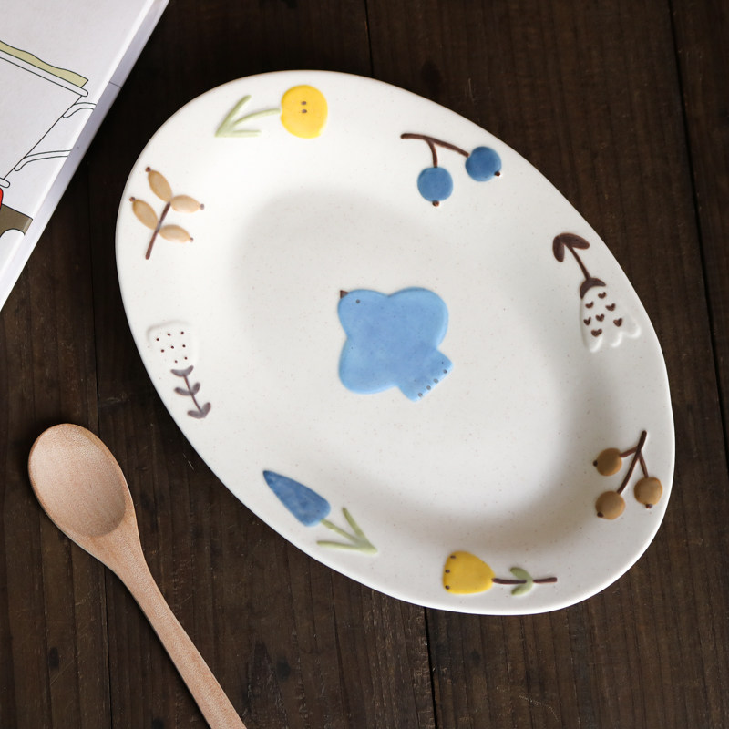 w1962日本设计款手作手绘立体花卉蓝鸟椭圆哑光盘/日式童话餐盘
