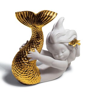 W1962西班牙雅致Lladró陶瓷国际直邮金色可爱小美人鱼摆件/礼品