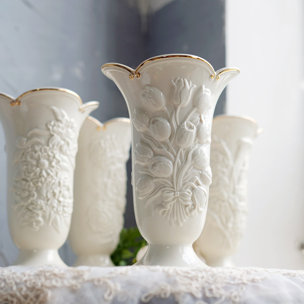 w1962美国新品lenox象牙白重工浮雕高贵郁金香口高款花瓶摆件