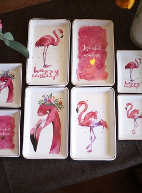 w1962新品粉色火烈鸟陶瓷收纳盘