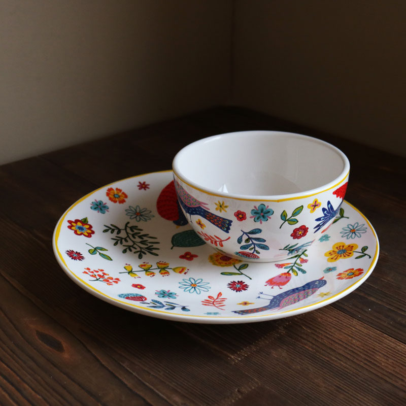 w1962美国pier1新品陶瓷釉下彩幸福鸟装饰童趣西餐盘深碗 包邮