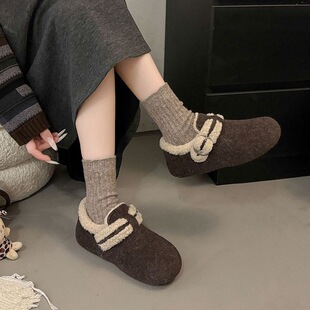 呢子毛毛鞋小个子厚底灰色勃肯鞋女2025冬季加绒保暖外穿棉鞋