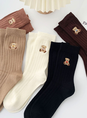 小熊刺绣袜子 女ins潮黑白色加热竹棉情侣中筒袜秋冬季韩国高筒袜