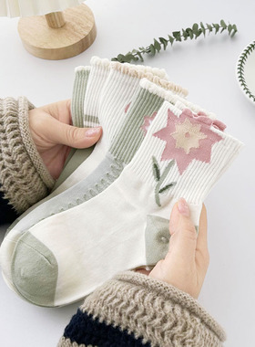 日系可爱纯棉袜子 女中筒袜ins潮百搭绿色系春季立体花朵甜美长袜