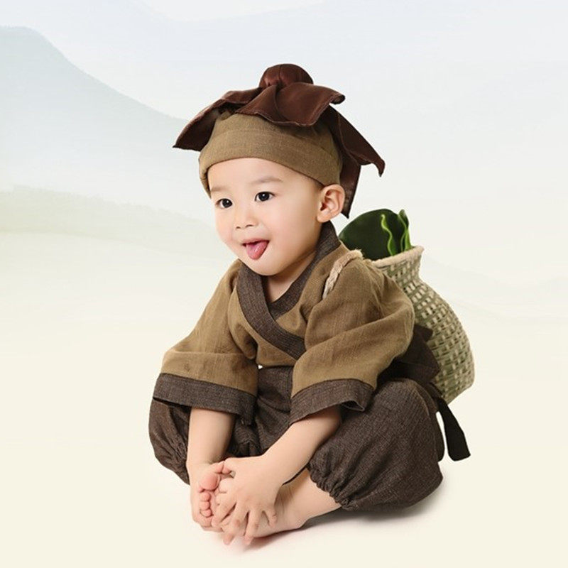 小药童古装中国风宝宝拍照汉服国学书童儿童锄禾愚公移山服装棉麻
