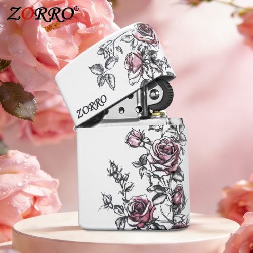 zorro佐罗正品砂轮煤油打火机铜壳典雅白色彩印蔷薇之心粉色花朵