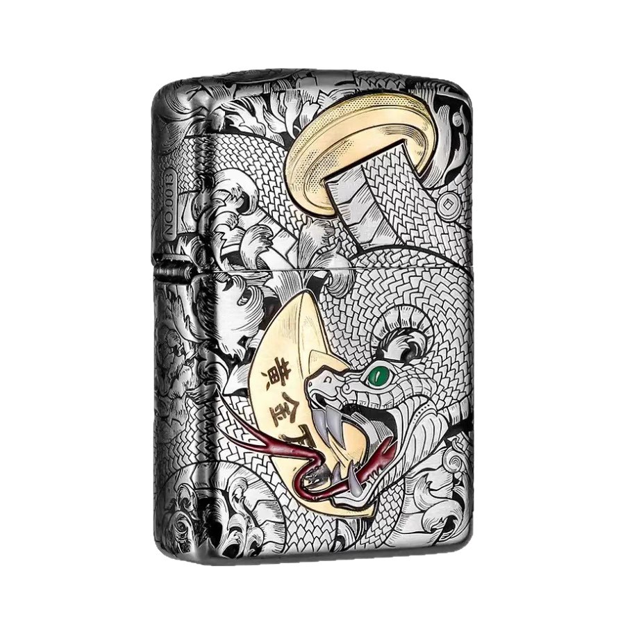 zippo煤油打火机官正品美国芝宝白铜套壳镶嵌腰缠万贯眼镜王蛇纹