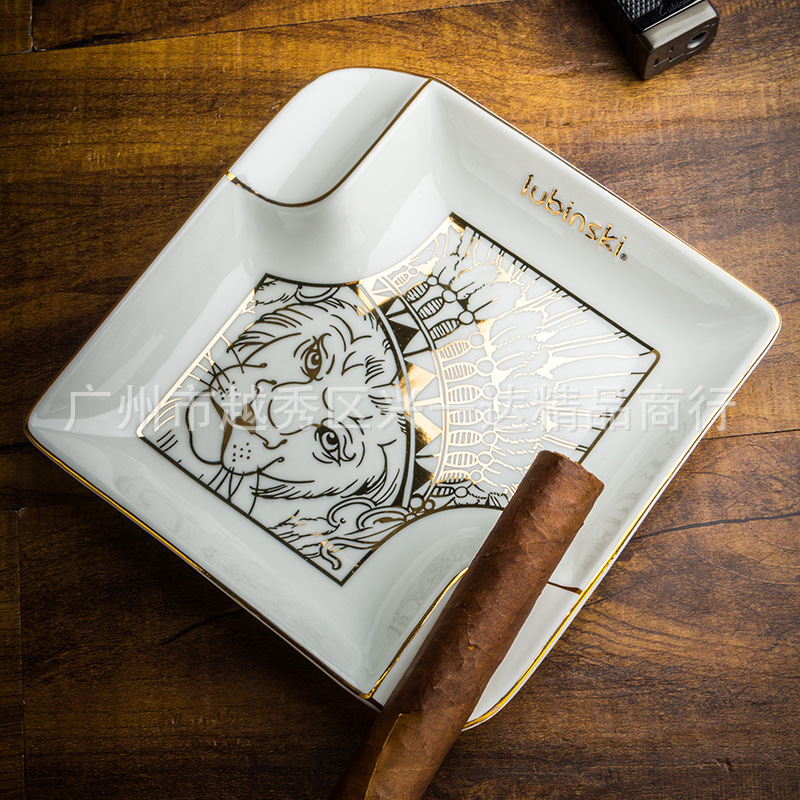 鲁宾斯基雪茄烟灰缸陶瓷双烟槽霸气狮王大容量LUBINSKI雪茄烟缸